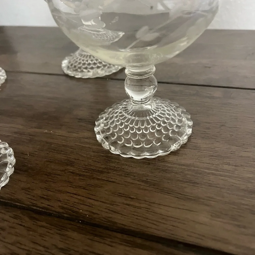 ElSet of 6 Vintage Etched Glass Sherbet Dessert Coupes | Hobnail Pedestal Base